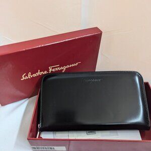 Ferragamo Black Zippy Wallet in Box